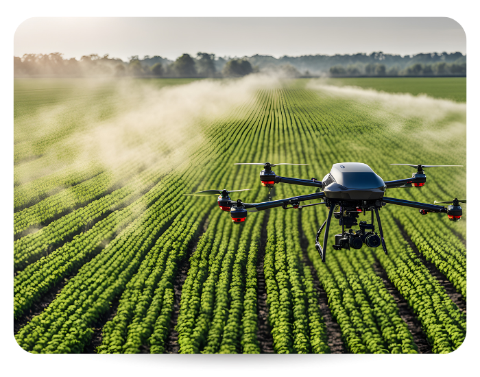 drone spraying fungicide over row crops